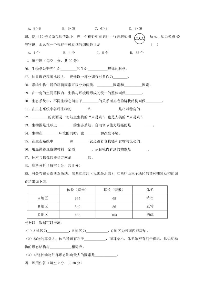 2019年六年级生物上学期期中试题新人教版五四制.doc_第3页