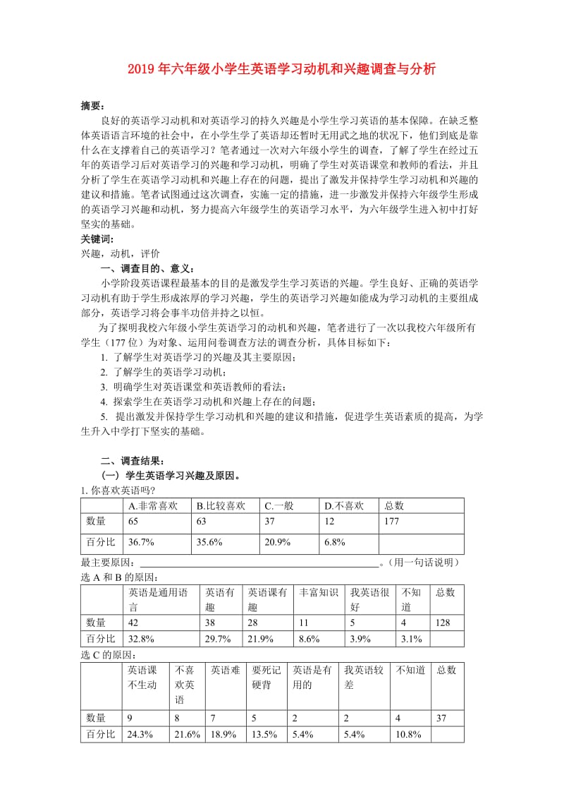 2019年六年级小学生英语学习动机和兴趣调查与分析.doc_第1页