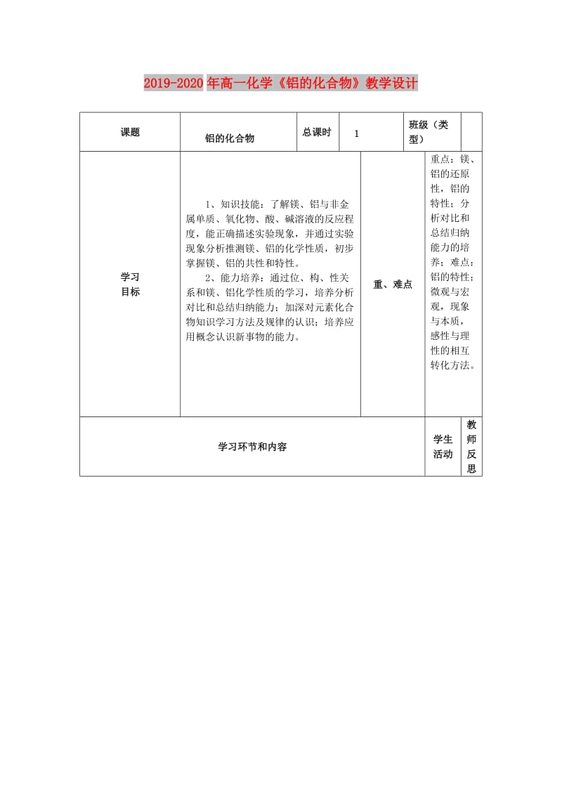 2019-2020年高一化学《铝的化合物》教学设计.doc_第1页