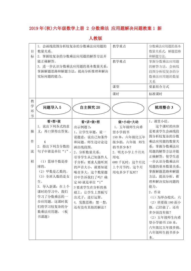 2019年(秋)六年级数学上册 2 分数乘法 应用题解决问题教案1 新人教版.doc_第1页