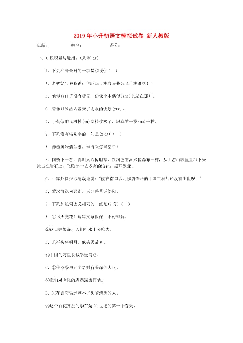 2019年小升初语文模拟试卷 新人教版.doc_第1页