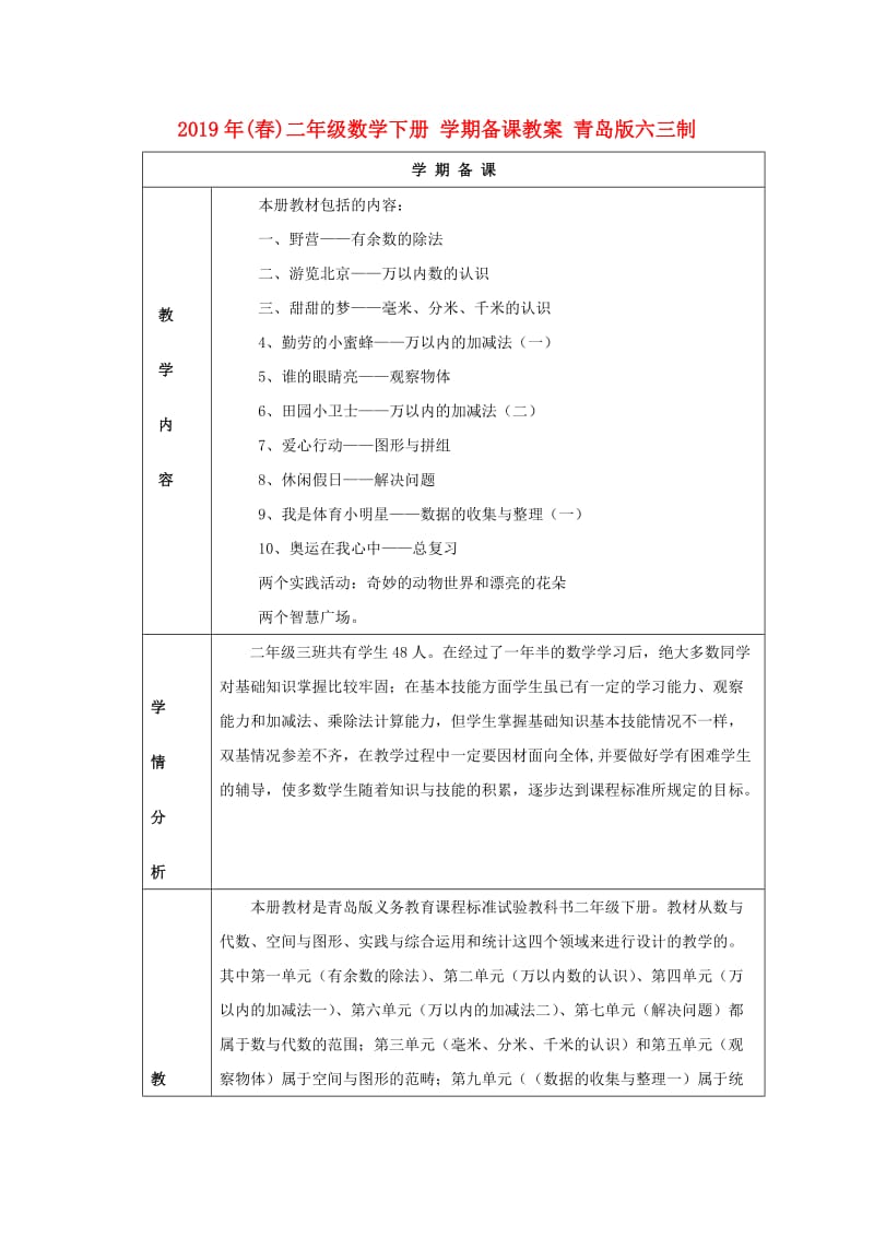 2019年(春)二年级数学下册 学期备课教案 青岛版六三制.doc_第1页