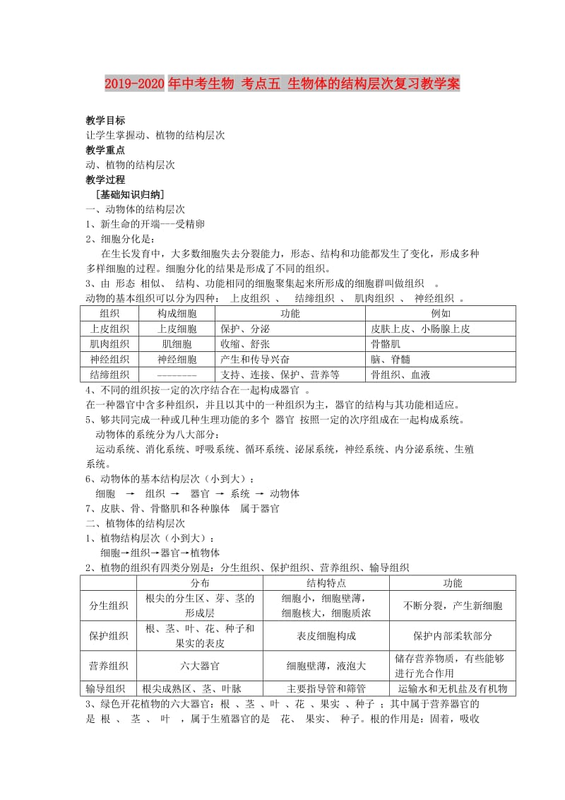 2019-2020年中考生物 考点五 生物体的结构层次复习教学案.doc_第1页