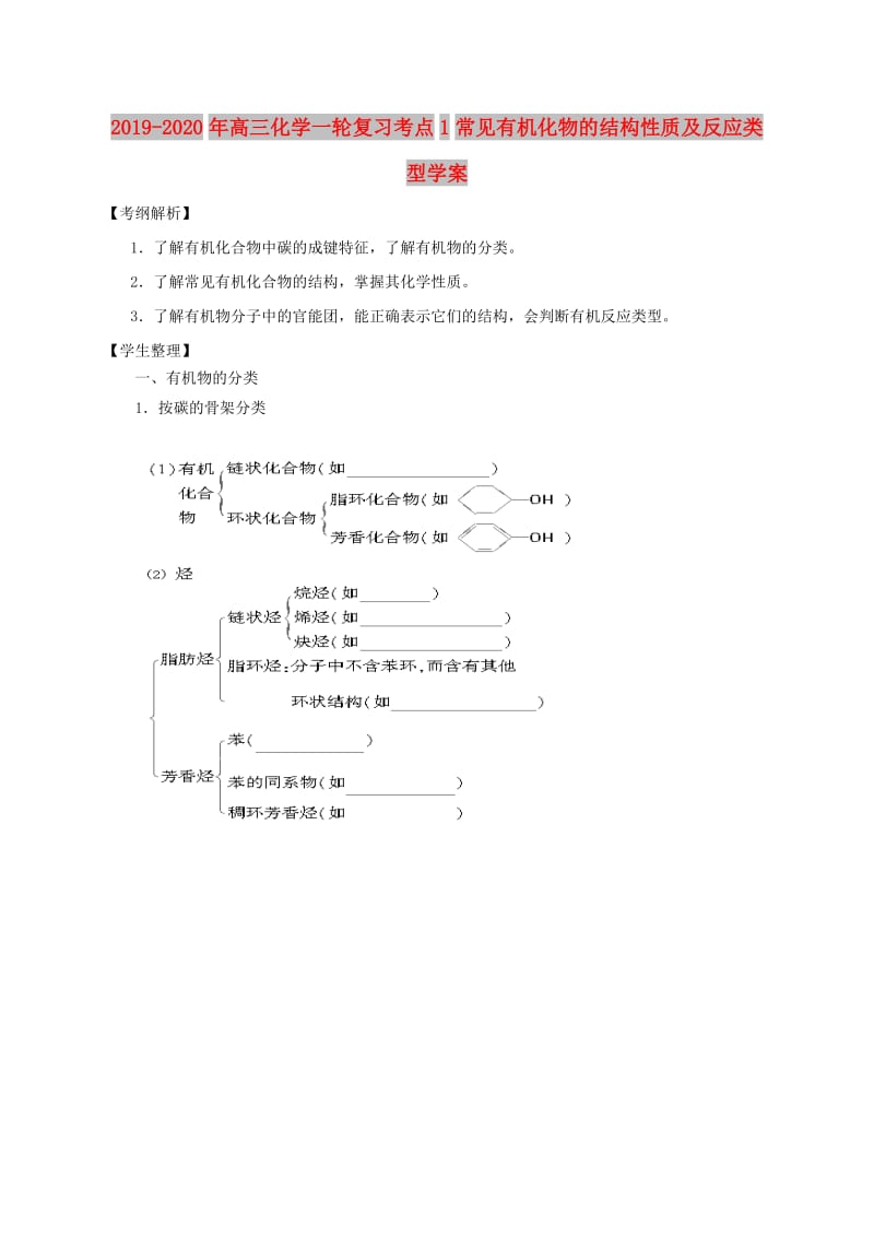 2019-2020年高三化学一轮复习考点1常见有机化物的结构性质及反应类型学案.doc_第1页