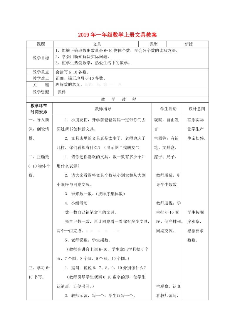 2019年一年级数学上册文具教案.doc_第1页