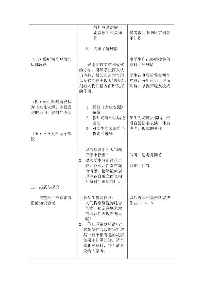 2019-2020年人音版高中音乐欣赏《现代京剧》表格式教学设计.doc_第3页