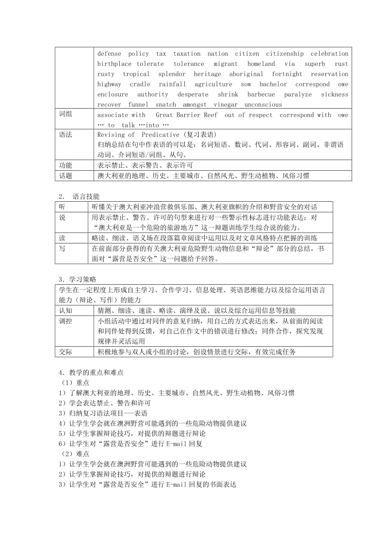 2019-2020年人教版高中英语选修9 Unit 3《Australia》word综合教案.doc_第2页