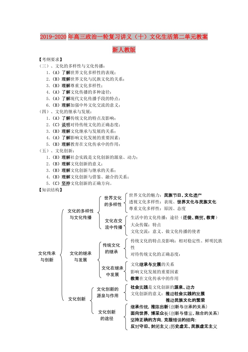 2019-2020年高三政治一轮复习讲义（十）文化生活第二单元教案 新人教版.doc_第1页