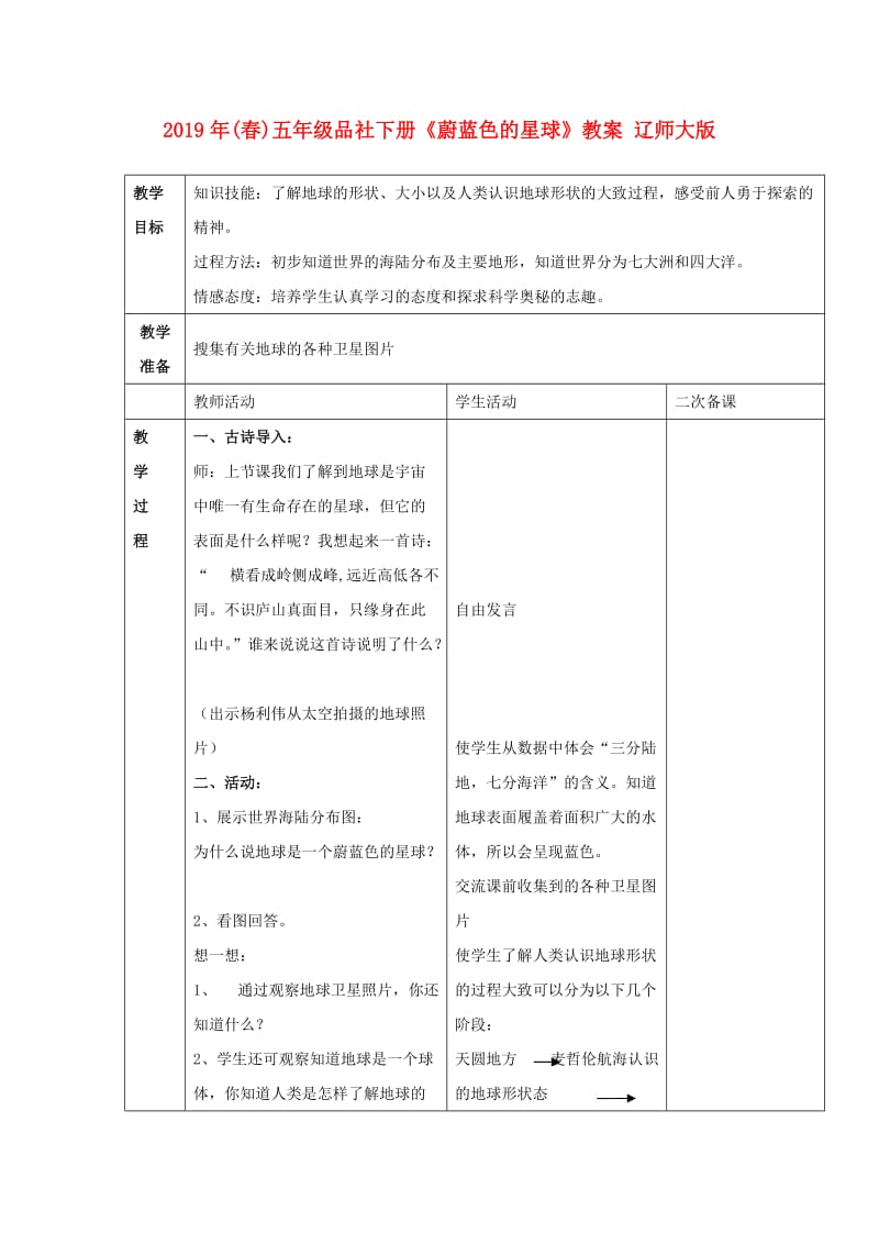 2019年(春)五年级品社下册《蔚蓝色的星球》教案 辽师大版.doc_第1页