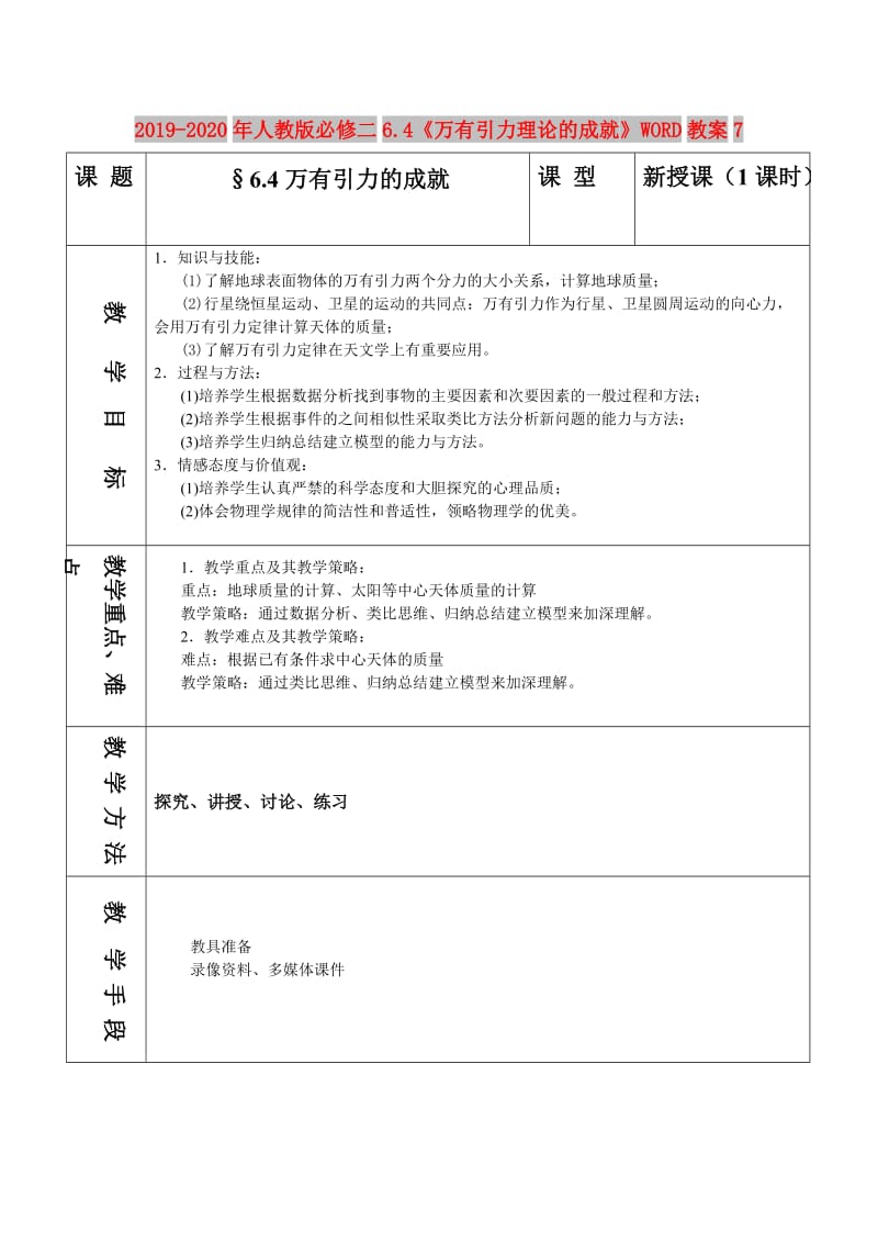 2019-2020年人教版必修二6.4《万有引力理论的成就》WORD教案7.doc_第1页