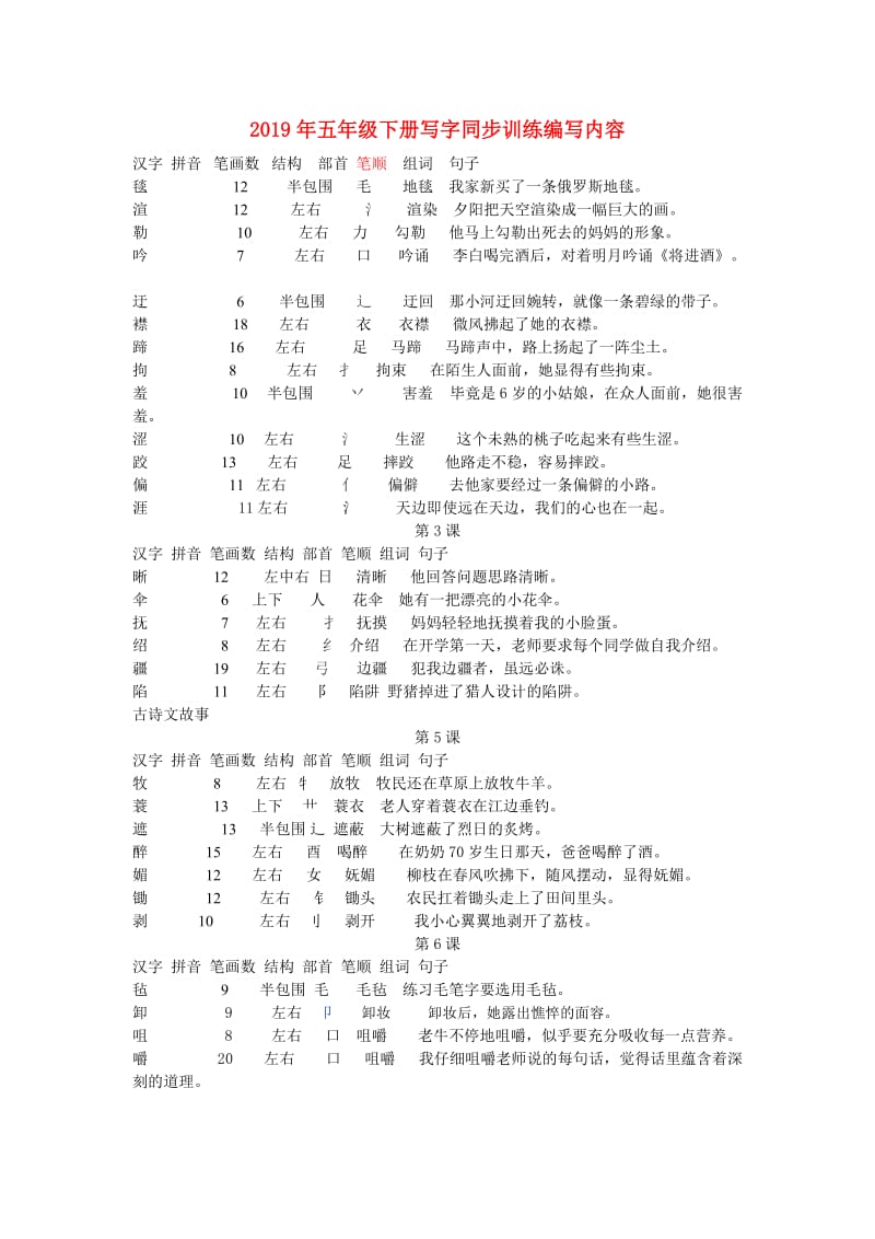 2019年五年级下册写字同步训练编写内容.doc_第1页