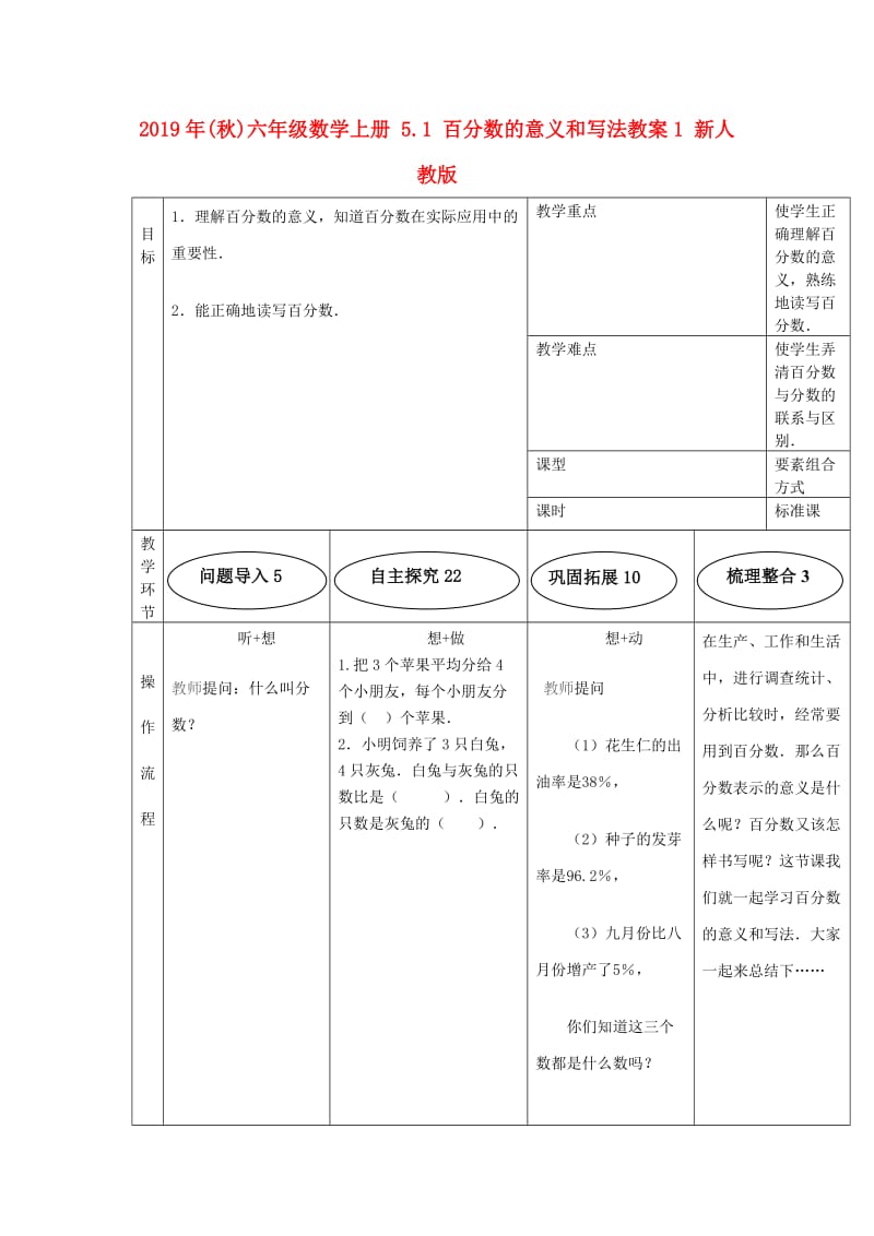 2019年(秋)六年级数学上册 5.1 百分数的意义和写法教案1 新人教版.doc_第1页