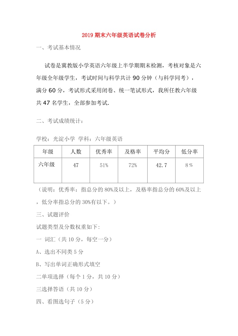 2019期末六年级英语试卷分析.doc_第1页