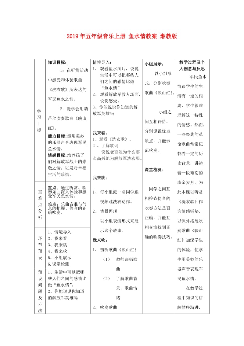 2019年五年级音乐上册 鱼水情教案 湘教版.doc_第1页