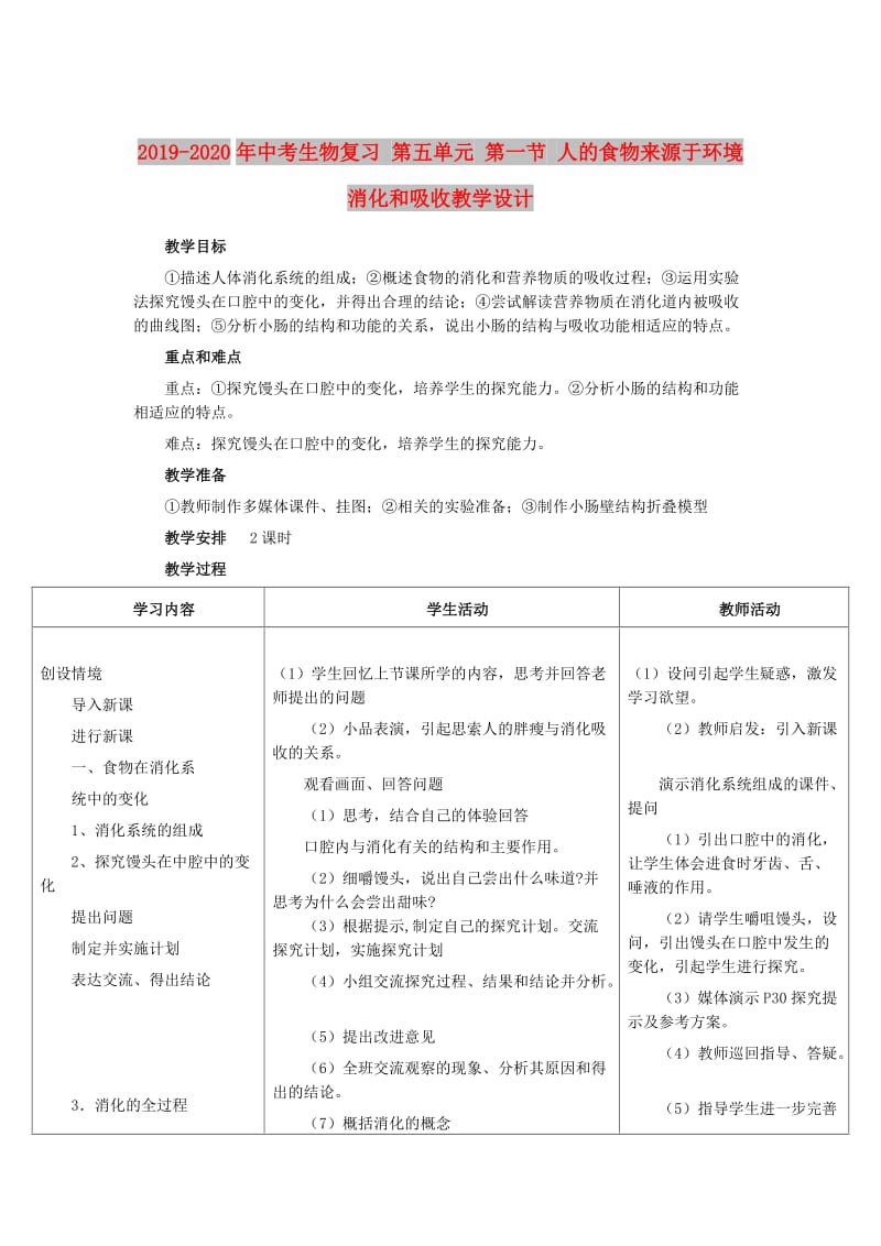 2019-2020年中考生物复习 第五单元 第一节 人的食物来源于环境 消化和吸收教学设计.doc_第1页