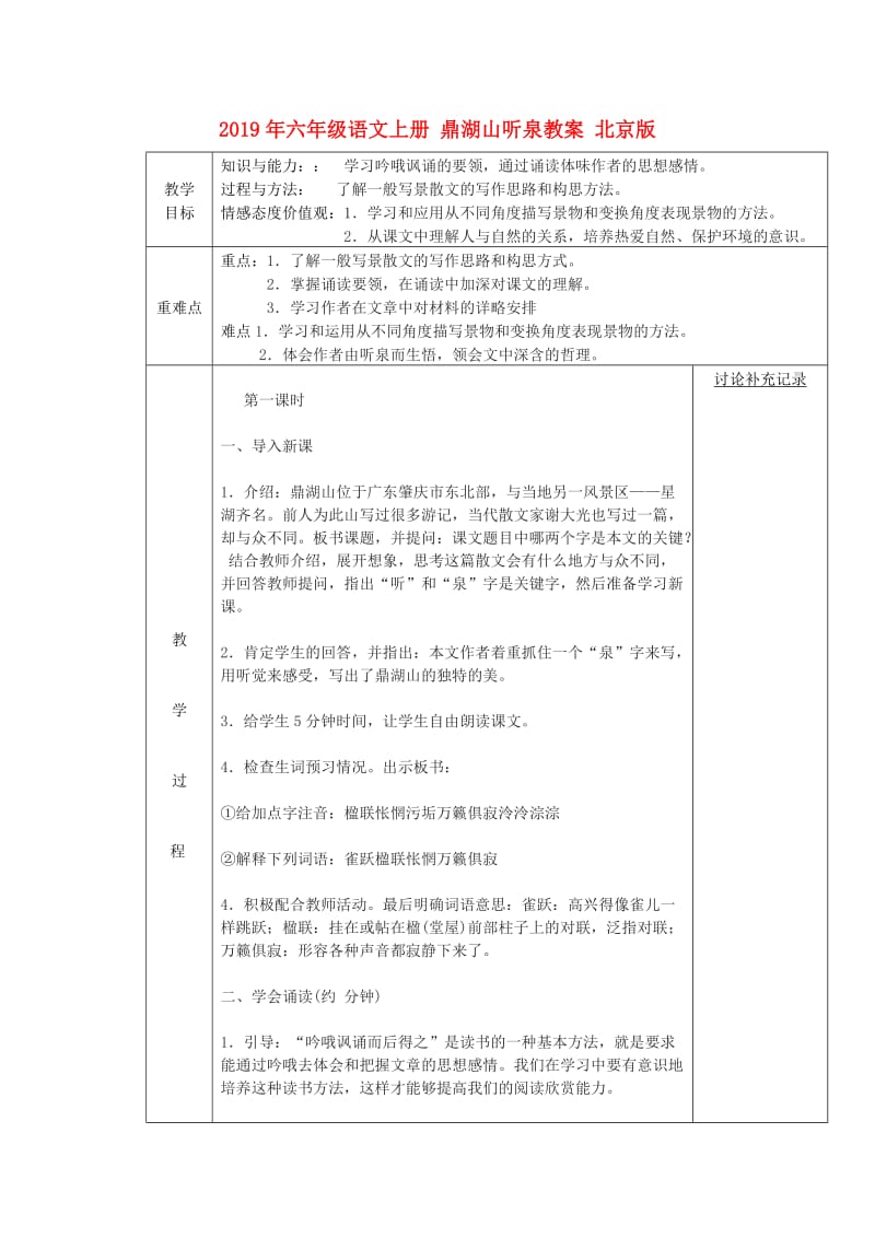 2019年六年级语文上册 鼎湖山听泉教案 北京版.doc_第1页