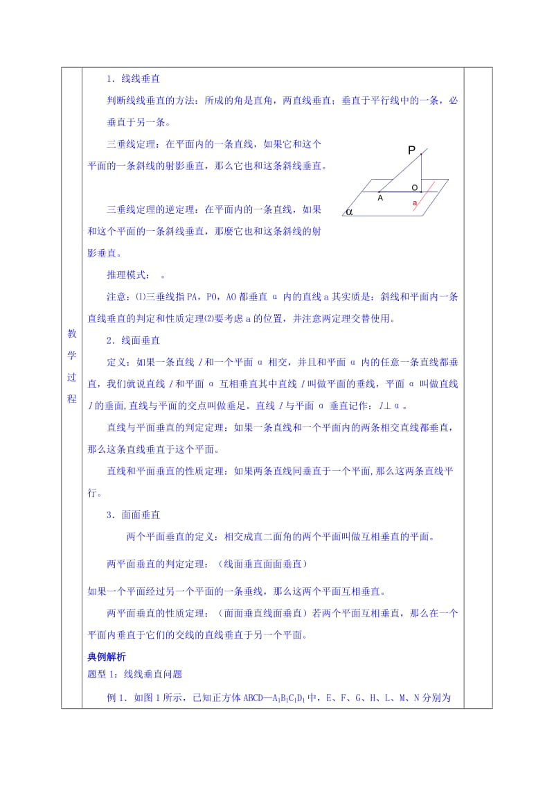 2019-2020年高三上学期数学一轮复习教案：第26讲 空间中的垂直关系.doc_第2页