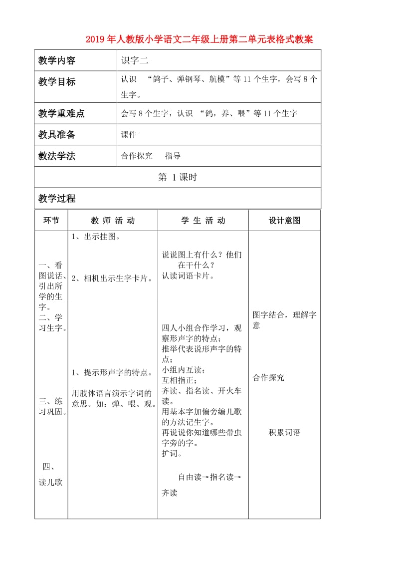 2019年人教版小学语文二年级上册第二单元表格式教案.doc_第1页