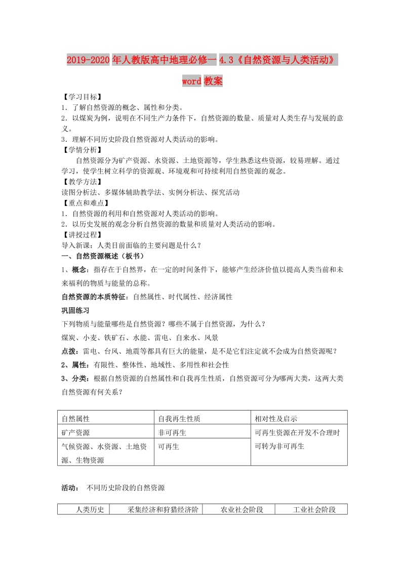 2019-2020年人教版高中地理必修一4.3《自然资源与人类活动》word教案.doc_第1页