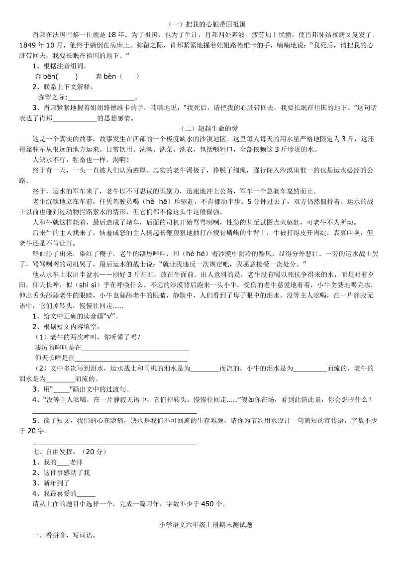 2019年小学语文学科六年级上册期末试题(I).doc_第2页