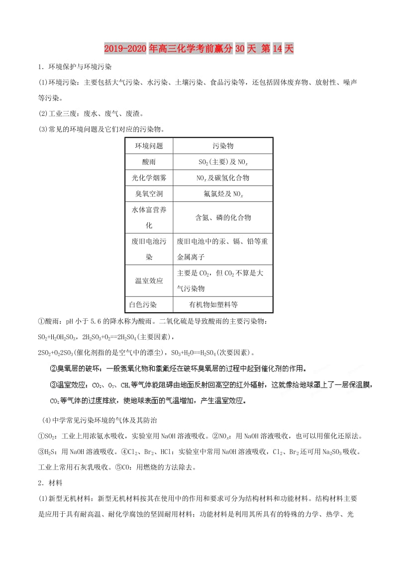 2019-2020年高三化学考前赢分30天 第14天.doc_第1页