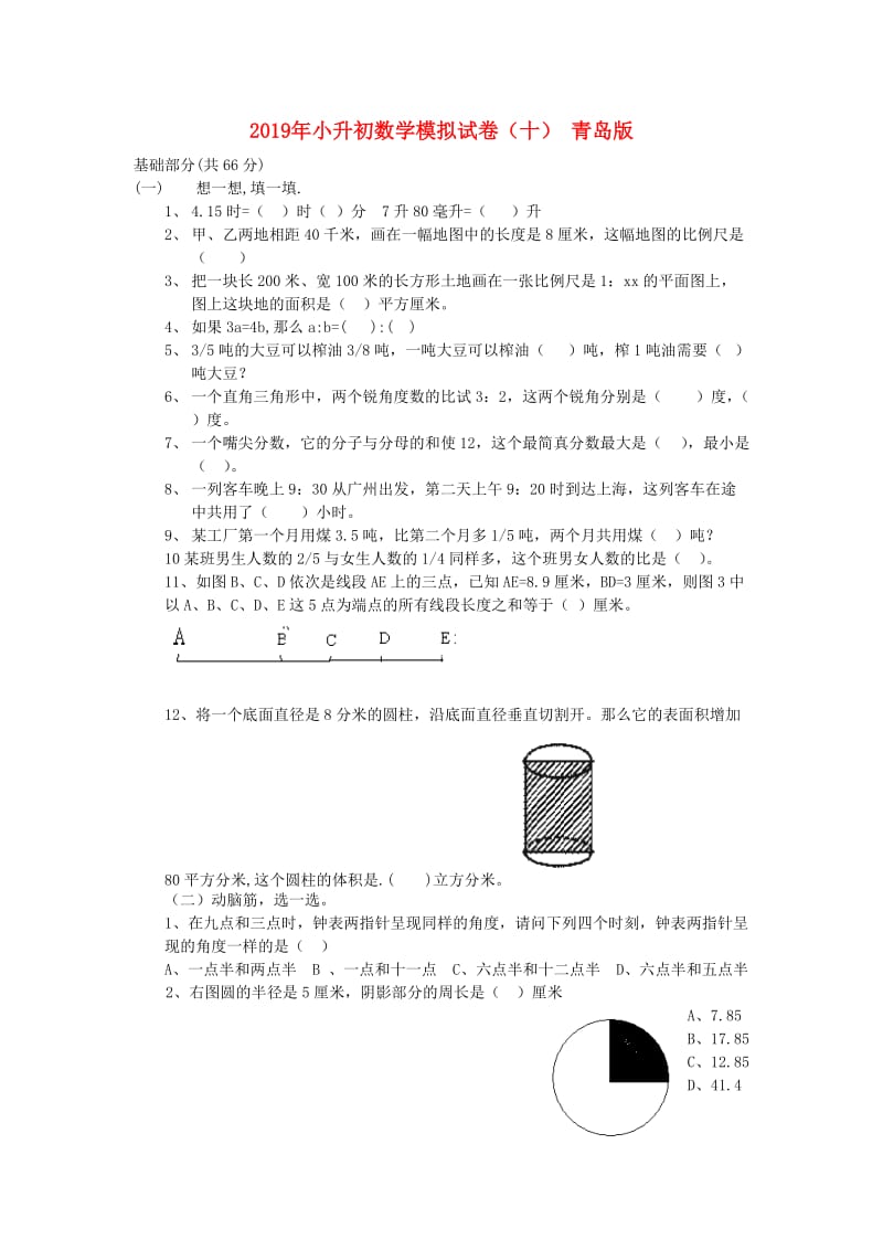 2019年小升初数学模拟试卷（十） 青岛版.doc_第1页