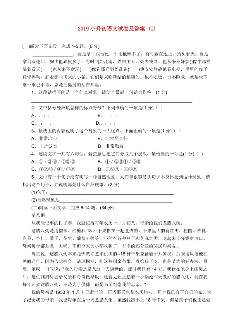 2019小升初语文试卷及答案 (I).doc_第1页