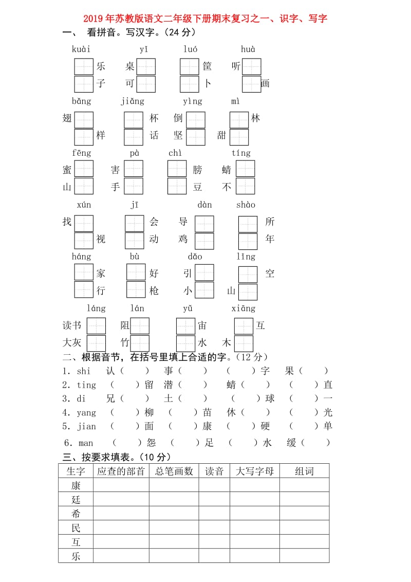 2019年苏教版语文二年级下册期末复习之一、识字、写字.doc_第1页