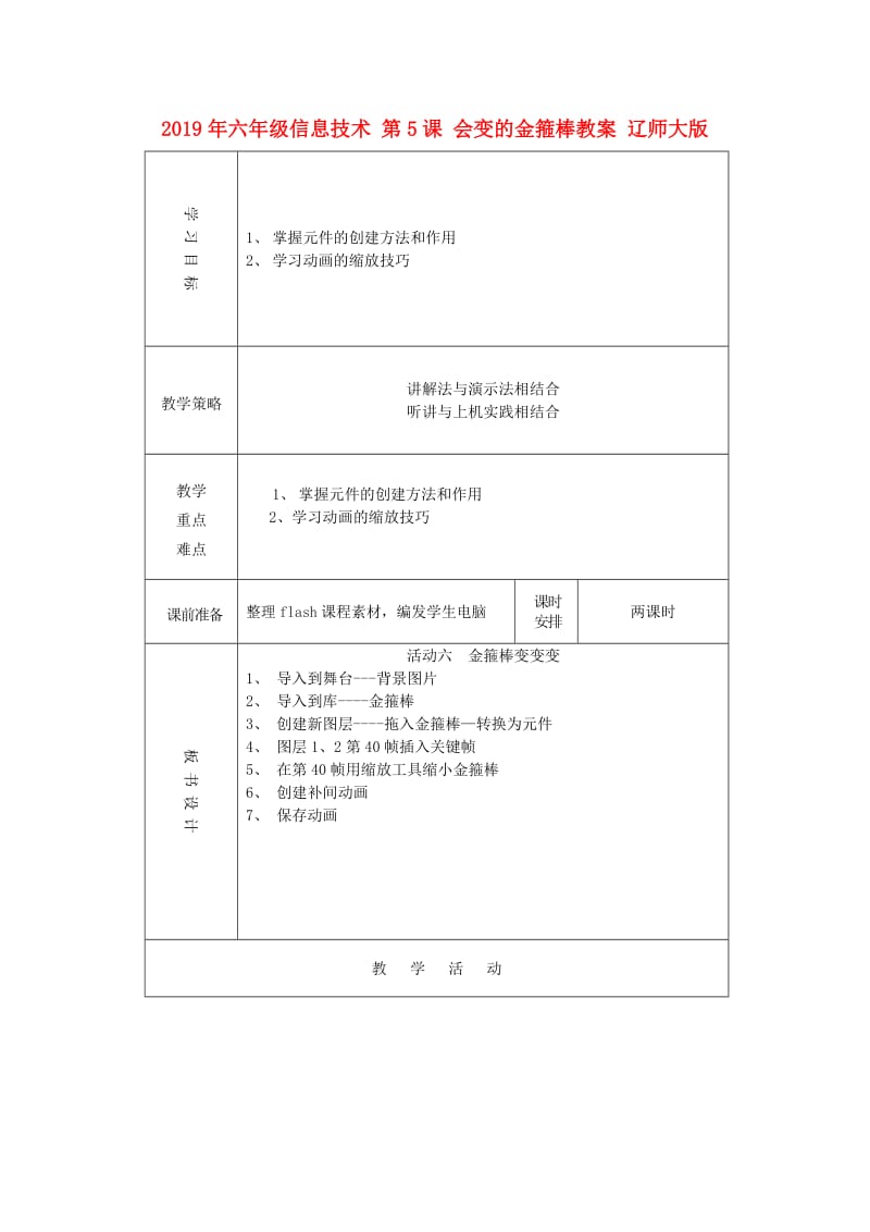 2019年六年级信息技术 第5课 会变的金箍棒教案 辽师大版.doc_第1页