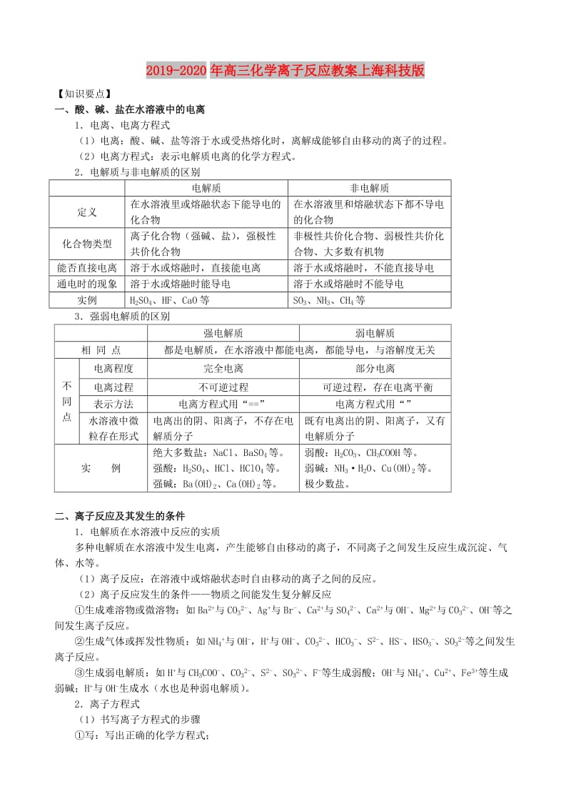 2019-2020年高三化学离子反应教案上海科技版.doc_第1页