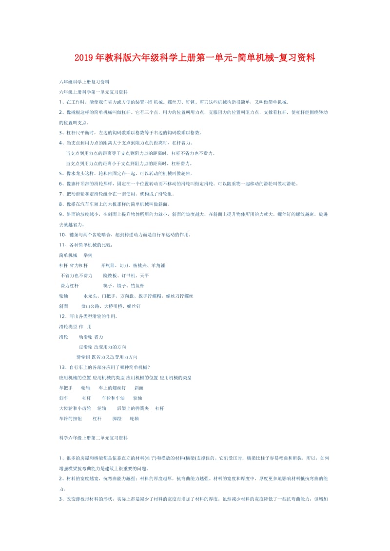 2019年教科版六年级科学上册第一单元-简单机械-复习资料.doc_第1页