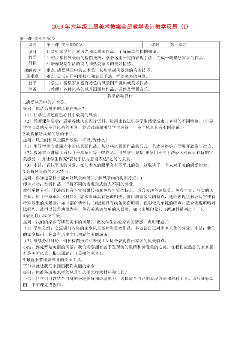 2019年六年级上册美术教案全册教学设计教学反思 (I).doc_第1页