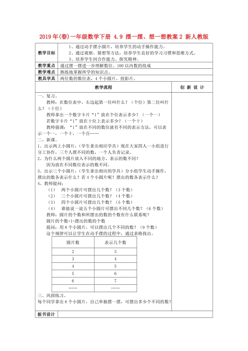 2019年(春)一年级数学下册 4.9 摆一摆、想一想教案2 新人教版.doc_第1页