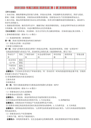 2019-2020年高三政治 經(jīng)濟(jì)生活 第2課 多變的價(jià)格學(xué)案.doc