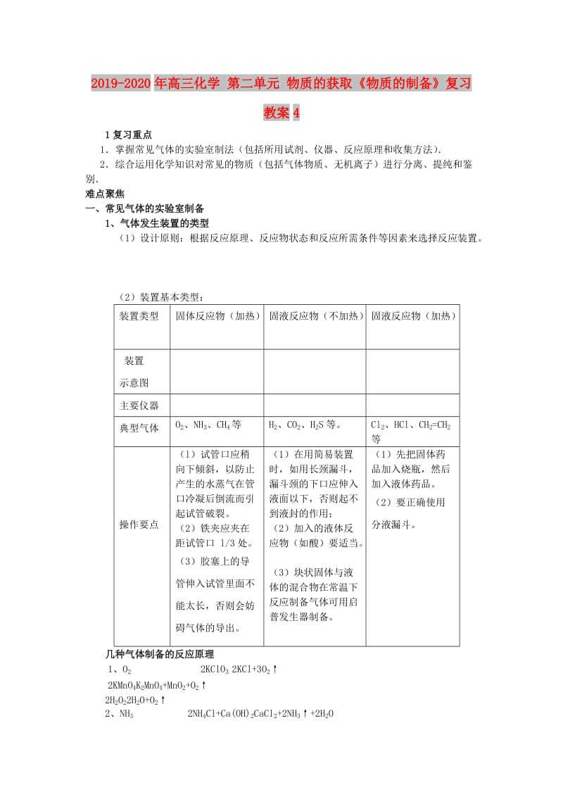 2019-2020年高三化學(xué) 第二單元 物質(zhì)的獲取《物質(zhì)的制備》復(fù)習(xí)教案4.doc