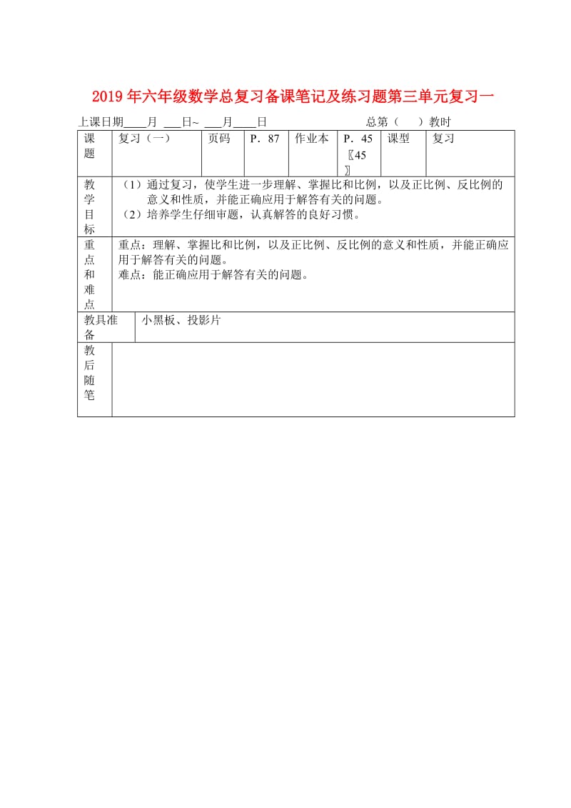 2019年六年级数学总复习备课笔记及练习题第三单元复习一.doc_第1页