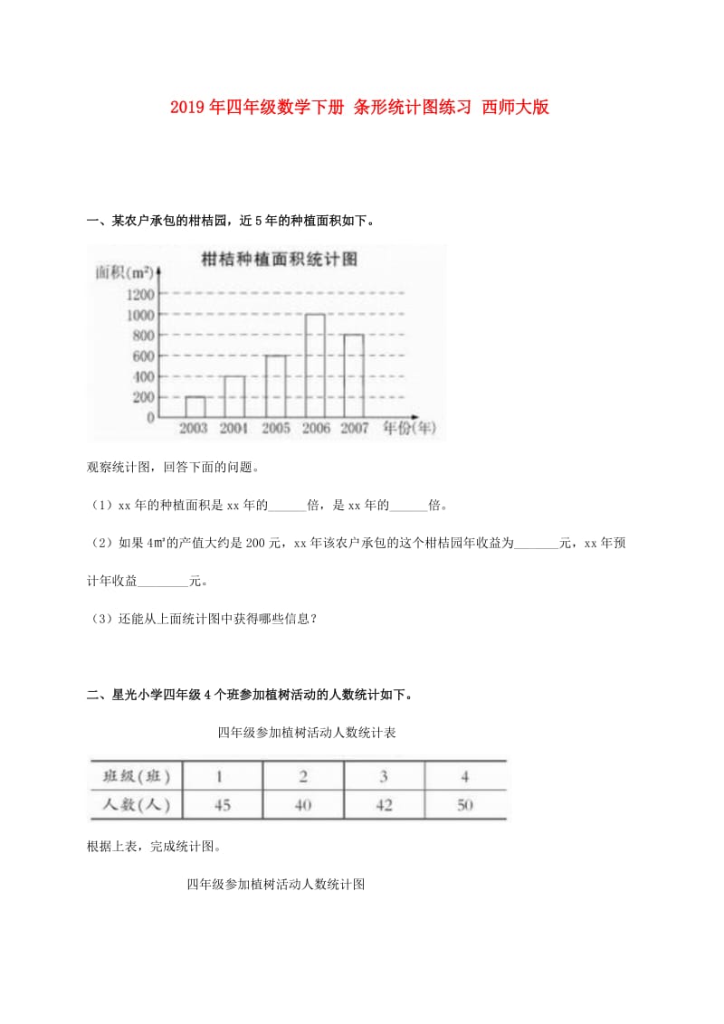 2019年四年级数学下册 条形统计图练习 西师大版.doc_第1页