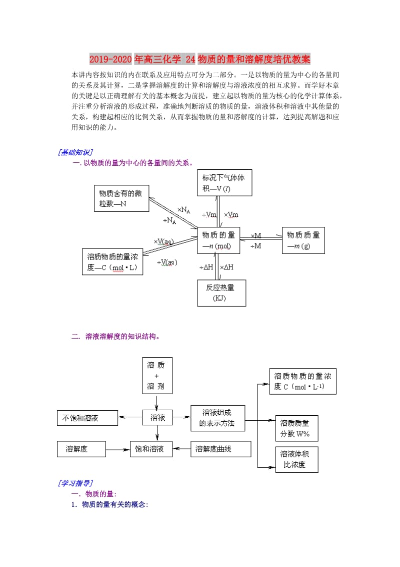 2019-2020年高三化学 24物质的量和溶解度培优教案.doc_第1页