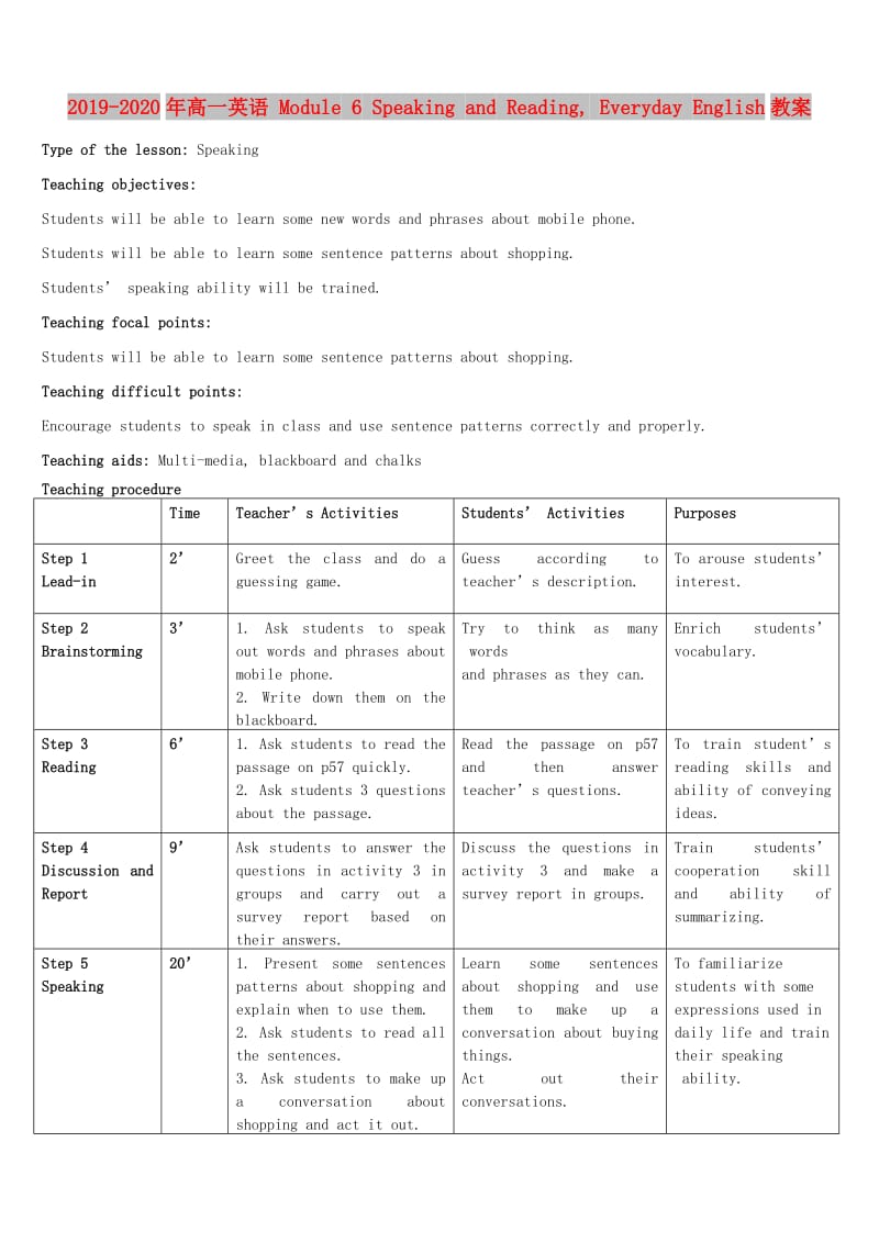 2019-2020年高一英语 Module 6 Speaking and Reading, Everyday English教案.doc_第1页