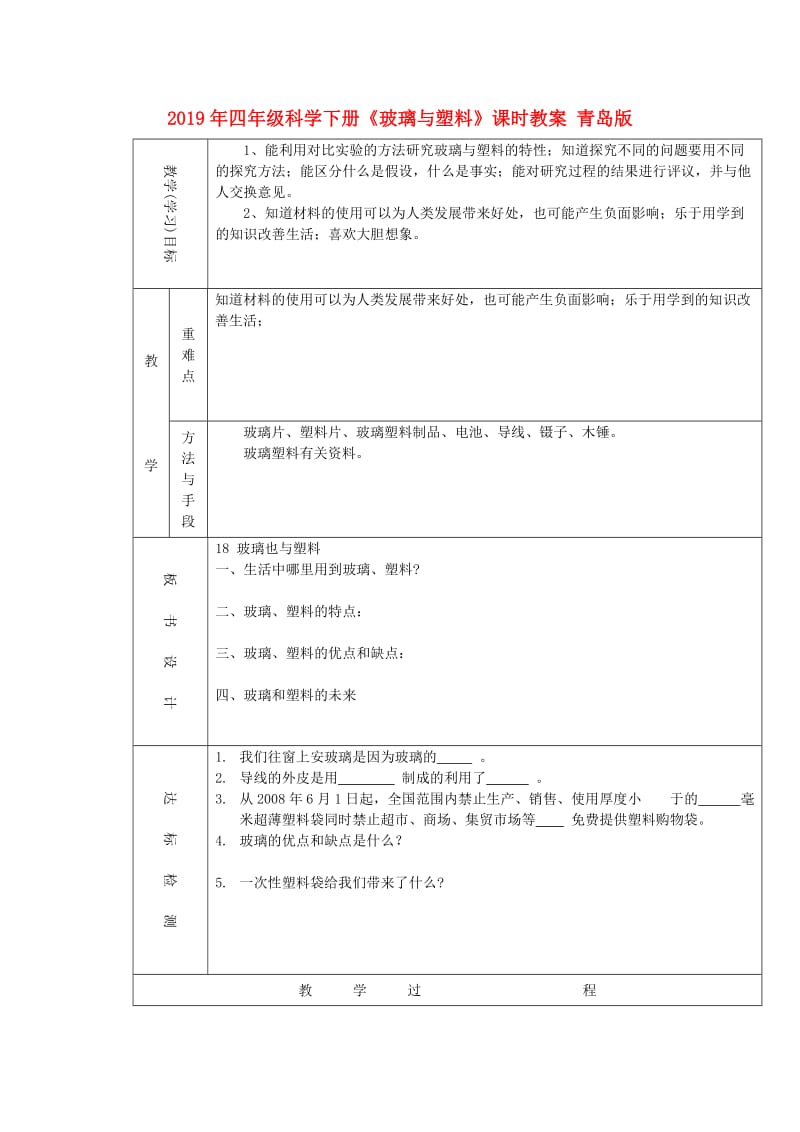 2019年四年级科学下册《玻璃与塑料》课时教案 青岛版.doc_第1页