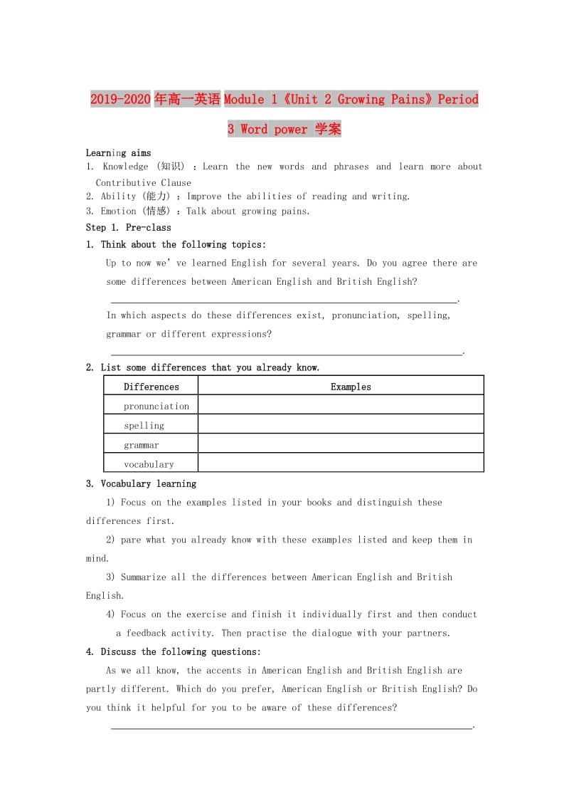 2019-2020年高一英语Module 1《Unit 2 Growing Pains》Period 3 Word power 学案.doc_第1页