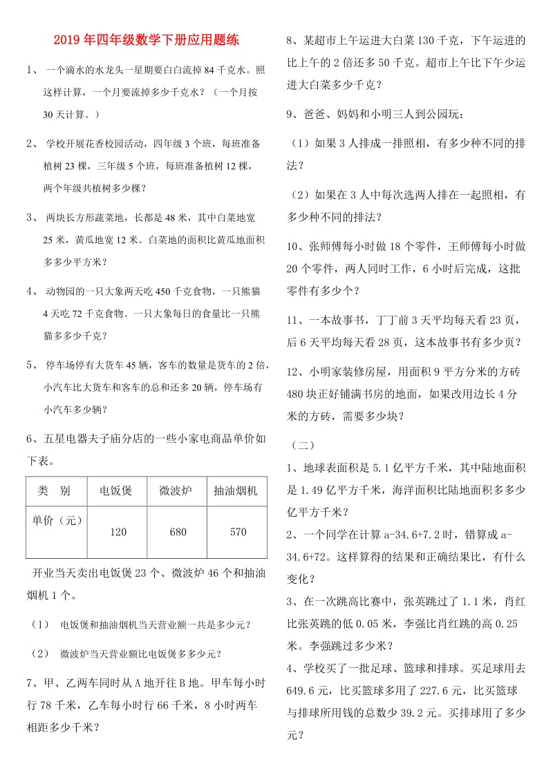 2019年四年级数学下册应用题练.doc_第1页