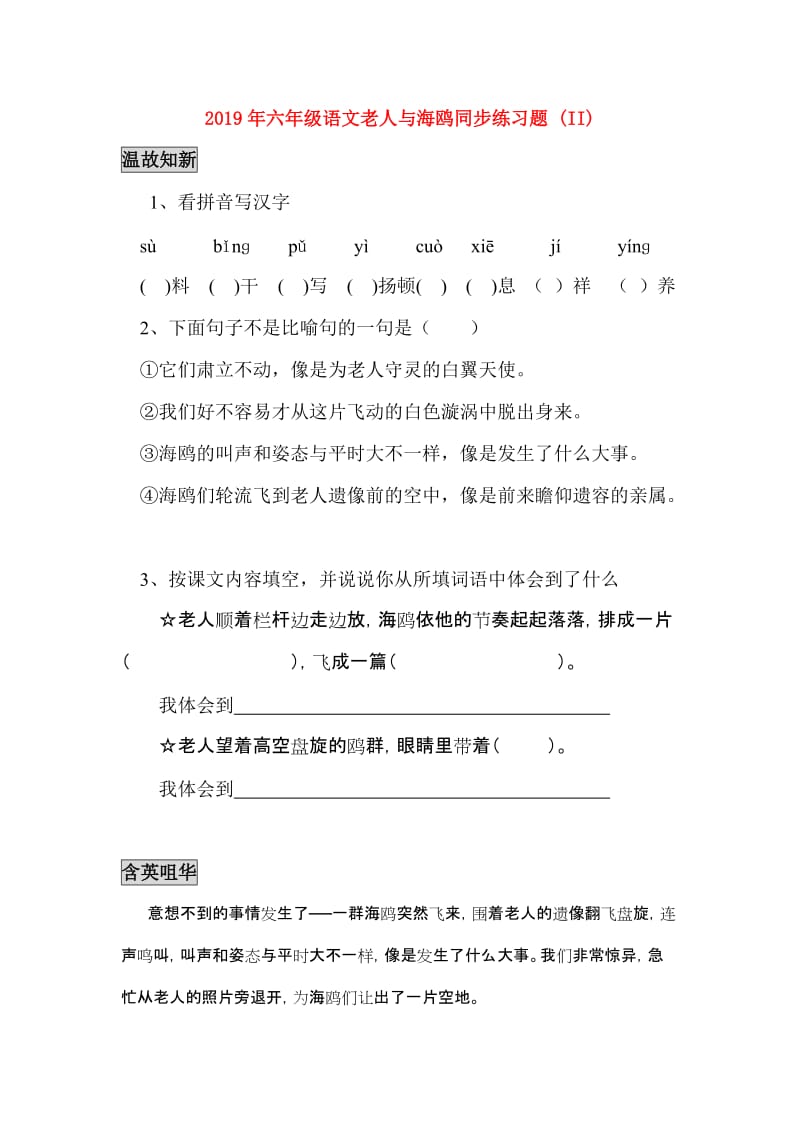 2019年六年级语文老人与海鸥同步练习题 (II).doc_第1页