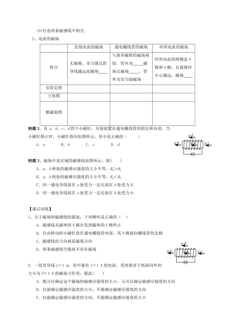 2019-2020年高三物理一轮复习 第九章 第1单元 磁场对电流的作用(1)学案（选修3-1）.doc_第2页