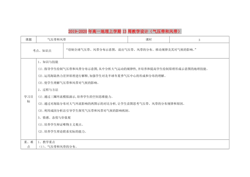 2019-2020年高一地理上学期13周教学设计（气压带和风带）.doc_第1页