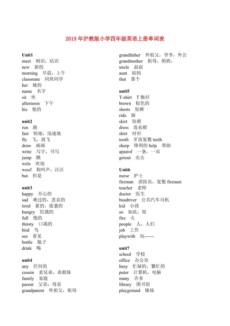 2019年沪教版小学四年级英语上册单词表.doc_第1页