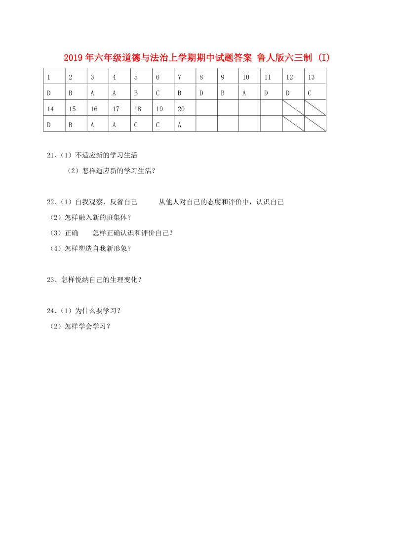 2019年六年级道德与法治上学期期中试题答案 鲁人版六三制 (I).doc_第1页