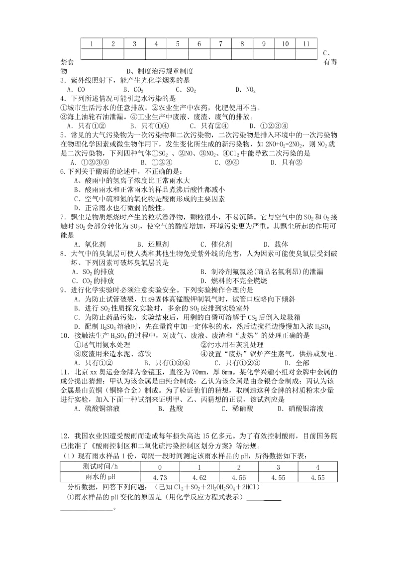 2019-2020年高三化学一轮复习 第七讲 环境保护与绿色化学学案+课时作业.doc_第3页