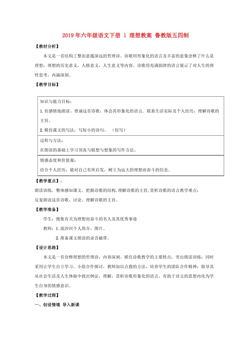 2019年六年级语文下册 1 理想教案 鲁教版五四制.doc_第1页