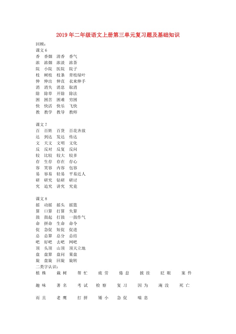 2019年二年级语文上册第三单元复习题及基础知识.doc_第1页